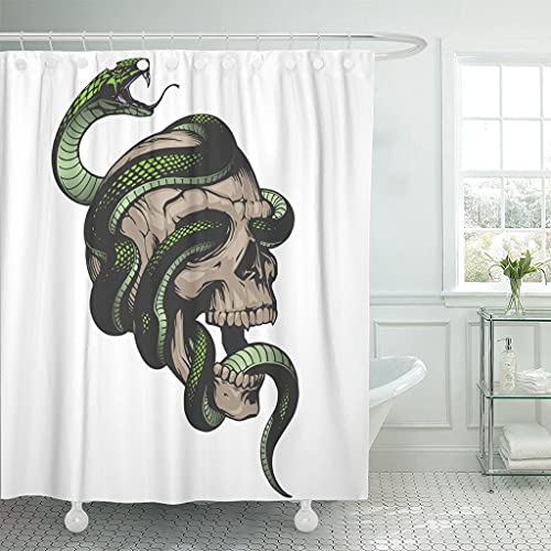 lovedomi Cortina de Ducha de Tela Cortinas con Ganchos Tatuaje Negro Calavera con Serpiente Gráfico Blanco Viper Rock Motocicleta Esqueleto Vintage Head 72 "X72 Baño Decorativo Impermeable