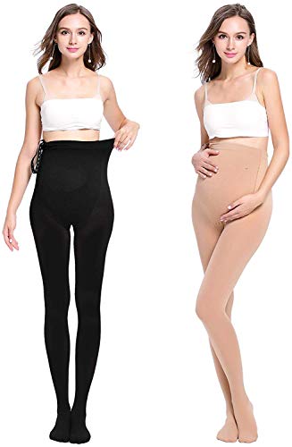 LOVELYBOBO 2 Pack Medias Invernales Premama Panty para Futura Mama Pantimedias para Mujeres embarazadas Leggings 320D (negro + desnudo)