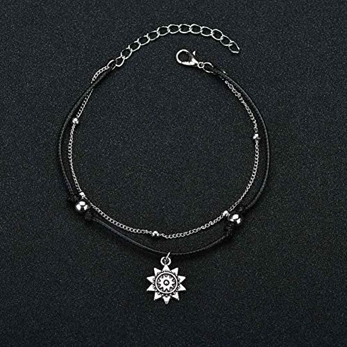 LucBuy Boho Tobilleras, Azul Estrella de Mar Tortuga de múltiples Capas del Encanto de los Granos Playa Hecha a Mano Tobilleras Joyería del pie Regalos para Mujeres niñas (2PCS-Elefante y Girasol)