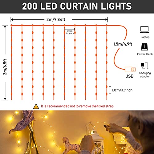Luces de Cadena de Cortina, 3 x 2m LED Cortina Luces, 200LEDs Cadena de Luces Navidad, 8 Modos de Luces de Hadas, IP65 Impermeable, Cortina Luces USB para Decoración de Casa, Fiestas, Navidad, Bodas