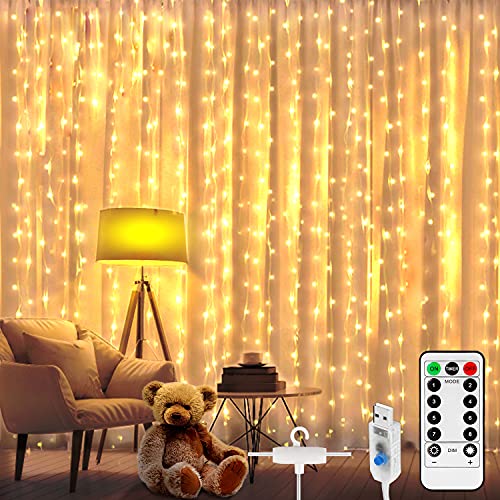 Luces de Cadena de Cortina, 3 x 2m LED Cortina Luces, 200LEDs Cadena de Luces Navidad, 8 Modos de Luces de Hadas, IP65 Impermeable, Cortina Luces USB para Decoración de Casa, Fiestas, Navidad, Bodas
