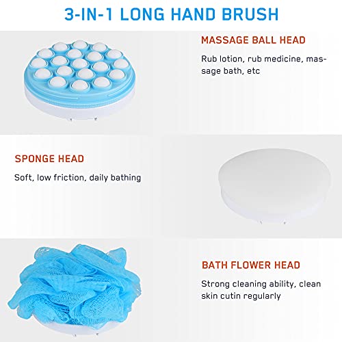 Luckits Juego de aplicador de loción corporal y depurador de espalda 3 en 1, cepillo de baño para espalda de mango largo con 1 mango largo y 1 aplicador de crema de aceite, 1 malla de ducha, 1 esponja