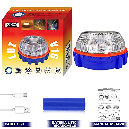 Luz de Emergencia v16 Homologada con Batería Recargable USB Incluida Baliza de Preseñalización de Peligro Recomendado por la DGT Señal de Advertencia para Vehículos en Caso de Avería Compacta