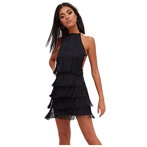 L'VOW Vestido de mujer de los años 20, con flecos, con soporte, ideal para fiestas, carnaval y fiestas Negro XL