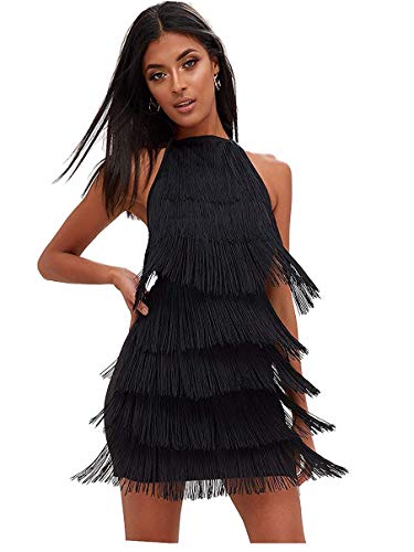 L'VOW Vestido de mujer de los años 20, con flecos, con soporte, ideal para fiestas, carnaval y fiestas Negro XL