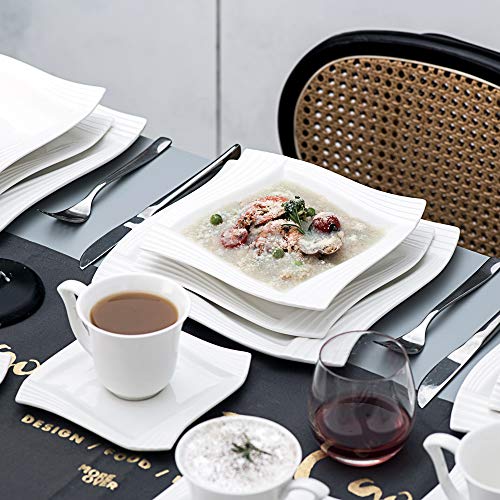 MALACASA, serie Amparo, 36 PCS Vajillas de Porcelana Blanca Crema con 6 Tazas de café, mugs, Platillos, Platos de Postre, Platos de Sopa y Platos Planos para 6 Personas