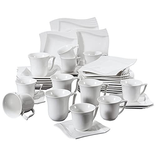 MALACASA, serie Amparo, 36 PCS Vajillas de Porcelana Blanca Crema con 6 Tazas de café, mugs, Platillos, Platos de Postre, Platos de Sopa y Platos Planos para 6 Personas