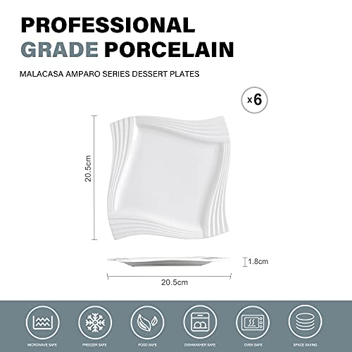 MALACASA, Serie Amparo, 6 piezas Plato de Porcelana Blanca Crema Plato de Postre Plato de desayuno para 6 Personas