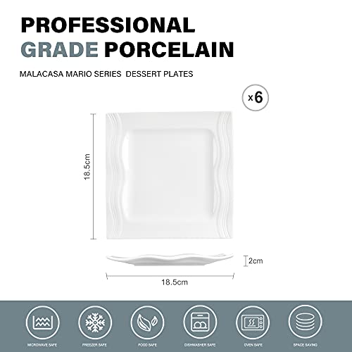 MALACASA, Serie Mario, 6 piezas Plato de Postre de Porcelana Blanca Crema Plato de desayuno 18,5x18,5x2cm para 6 Personas