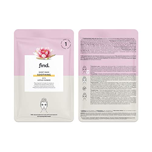 Marca Amazon - find. Tratamiento completo de mascarillas faciales hidrogel, sin goteo, , pack de 10 unidades (antiestrés, purificante, calmante, iluminadora y détox)