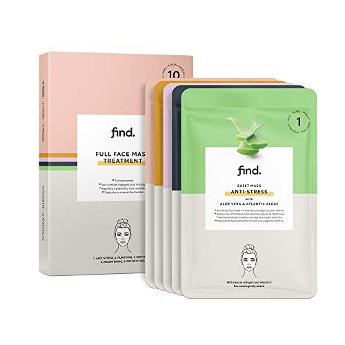 Marca Amazon - find. Tratamiento completo de mascarillas faciales hidrogel, sin goteo, , pack de 10 unidades (antiestrés, purificante, calmante, iluminadora y détox)