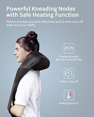 Masajeador de cuello, masajeador de espalda de tejido profundo con calor, 20 puntos calientes y 8 poderosos nodos de amasamiento 3D para relajar el cuerpo en el hogar, el automóvil y la oficina