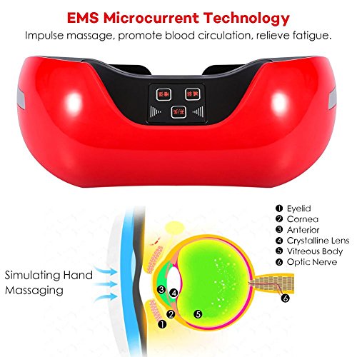 Masajeador de ojos eléctrico con tecnología óptica móvil 3D y tecnología de microcurrent EMS, función de compresión, gafas de bienestar, alivio de la fatiga, protege tus ojos (rojo)