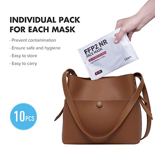 Máscara facial FFP2/KN95, máscara protectora de 5 capas FFP2 certificado CE estándar EN149, alta capacidad de filtración empaquetada individualmente en bolsa de polietileno, 10 piezas/caja)