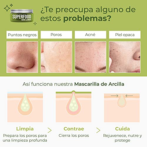 Mascarillas Faciales de Plantifique 100% Vegana - Mascarilla Purificante e Hidratante - Mascarilla de Arcilla Verde con Superalimentos 100ml - Limpia y Estrecha los Poros - Testado Dermatológicamente