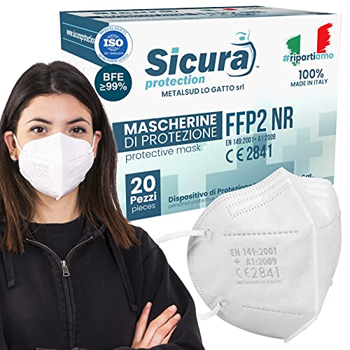 Mascarillas FFP2 Homologadas fabricadas en Italia. 20x Mascarilla ffp2 certificada CE Sanitizada. ISO dispositivo médico BFE ≥99%. Paquete de mascaras 20 unidades.
