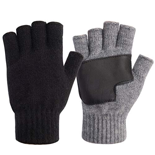 MAYLISACC Guantes Invierno Sin Dedos, Guante Lana Mezclada Medio Dedo Hombre con Agarre de Piel de Oveja Antideslizante, Térmicos y Cómodos para Hombres y Mujeres Unisex