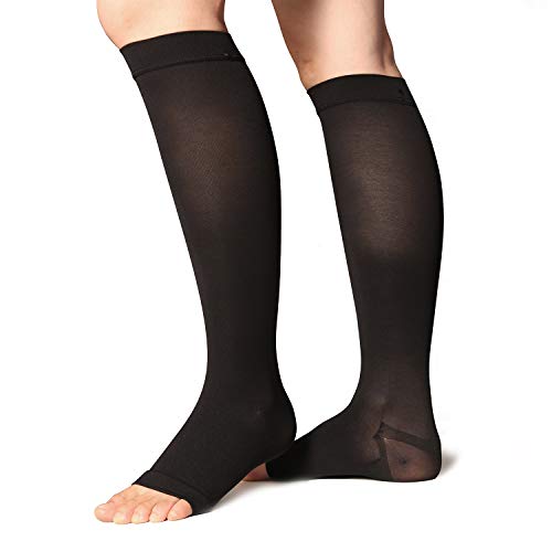 +MD Calcetines hasta la rodilla de alta compresión 23-32 mmHg Medias de soporte médico para los pies abiertos para la hinchazón, venas varicosas, edema, arañas vasculares NegroS