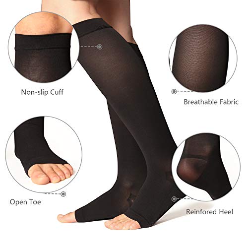 +MD Calcetines hasta la rodilla de alta compresión 23-32 mmHg Medias de soporte médico para los pies abiertos para la hinchazón, venas varicosas, edema, arañas vasculares NegroS