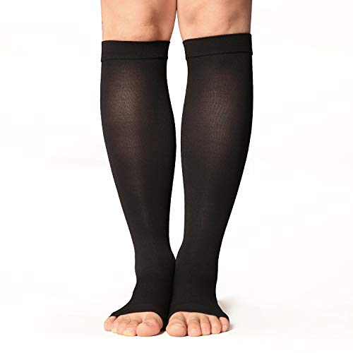 +MD Calcetines hasta la rodilla de alta compresión 23-32 mmHg Medias de soporte médico para los pies abiertos para la hinchazón, venas varicosas, edema, arañas vasculares NegroS