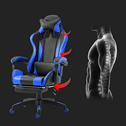 Mediawave Store - Silla de gaming ergonómica AZRACE de piel sintética con reposapiés, asiento deportivo de lujo, silla gamer reposabrazos y reposacabezas cojín lumbar, silla PC (azul)