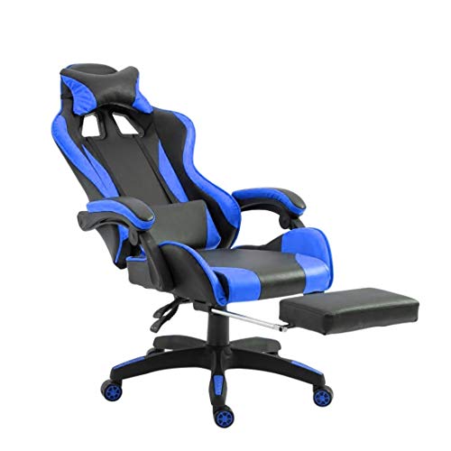 Mediawave Store - Silla de gaming ergonómica AZRACE de piel sintética con reposapiés, asiento deportivo de lujo, silla gamer reposabrazos y reposacabezas cojín lumbar, silla PC (azul)