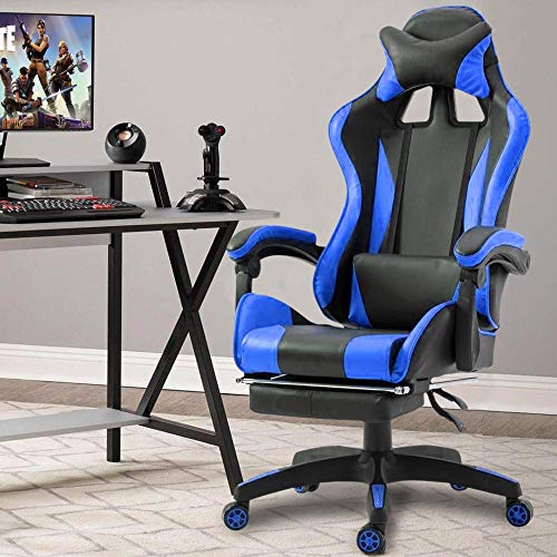 Mediawave Store - Silla de gaming ergonómica AZRACE de piel sintética con reposapiés, asiento deportivo de lujo, silla gamer reposabrazos y reposacabezas cojín lumbar, silla PC (azul)
