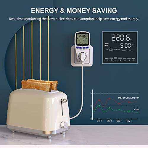 Medidor de Consumo Eléctrico con Dual Tarifa, Maxcio Enchufe Medidor de Costo de Electricidad con Pantalla LCD, Protección contra Sobrecarga, Reteción de Datos Medidor de Energía para Toma, 3680W
