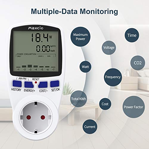 Medidor de Consumo Eléctrico con Dual Tarifa, Maxcio Enchufe Medidor de Costo de Electricidad con Pantalla LCD, Protección contra Sobrecarga, Reteción de Datos Medidor de Energía para Toma, 3680W