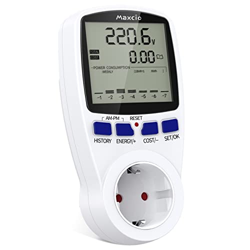 Medidor de Consumo Eléctrico con Dual Tarifa, Maxcio Enchufe Medidor de Costo de Electricidad con Pantalla LCD, Protección contra Sobrecarga, Reteción de Datos Medidor de Energía para Toma, 3680W