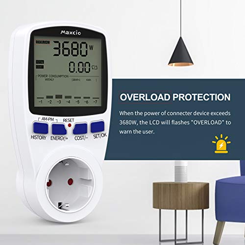Medidor de Consumo Eléctrico con Dual Tarifa, Maxcio Enchufe Medidor de Costo de Electricidad con Pantalla LCD, Protección contra Sobrecarga, Reteción de Datos Medidor de Energía para Toma, 3680W