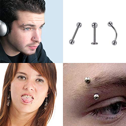 MengH-SHOP Cuerpo Piercing Kit Anillo de Nariz Lengua Labio Tragus Oreja Ceja Pezón Cartílago Tragus Acero Quirúrgico 60 Piezas