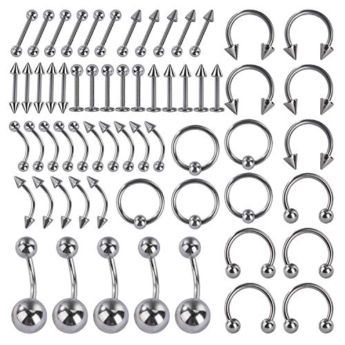 MengH-SHOP Cuerpo Piercing Kit Anillo de Nariz Lengua Labio Tragus Oreja Ceja Pezón Cartílago Tragus Acero Quirúrgico 60 Piezas