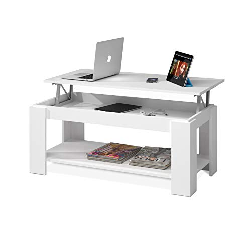 Mesa Centro con revistero, Mesa elevable, mesita Mueble Salon Comedor, Acabado en Blanco Artik, Medidas: 102 cm (Largo) x 43/54 cm (Alto) x 50 cm (Fondo)