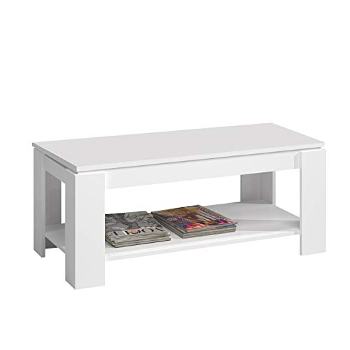 Mesa Centro con revistero, Mesa elevable, mesita Mueble Salon Comedor, Acabado en Blanco Artik, Medidas: 102 cm (Largo) x 43/54 cm (Alto) x 50 cm (Fondo)