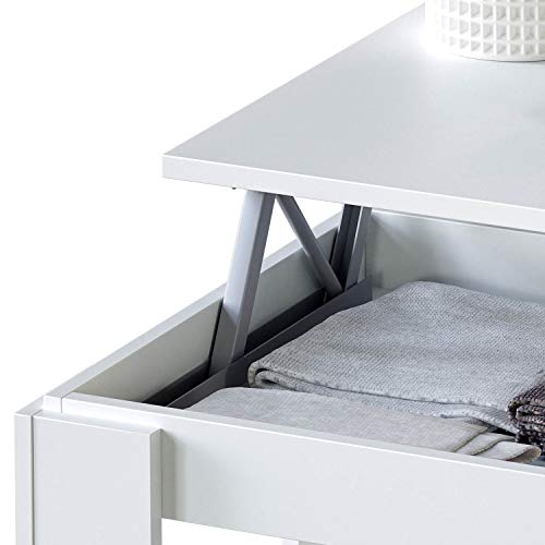 Mesa Centro con revistero, Mesa elevable, mesita Mueble Salon Comedor, Acabado en Blanco Artik, Medidas: 102 cm (Largo) x 43/54 cm (Alto) x 50 cm (Fondo)