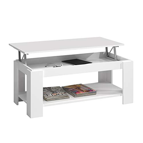 Mesa Centro con revistero, Mesa elevable, mesita Mueble Salon Comedor, Acabado en Blanco Artik, Medidas: 102 cm (Largo) x 43/54 cm (Alto) x 50 cm (Fondo)