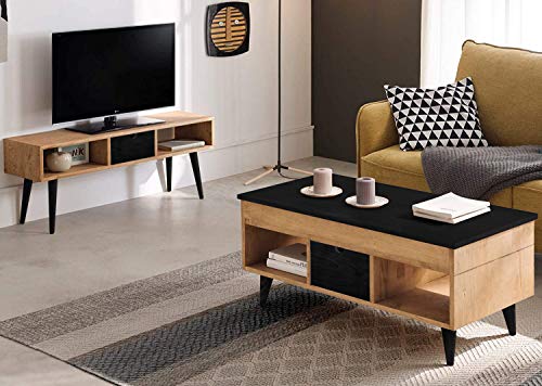 Mesa de Centro elevable con cajón Deslizante, Madera Maciza de Pino Acabado Encerado y Negro. Medidas 100 x 50 x 47 cm
