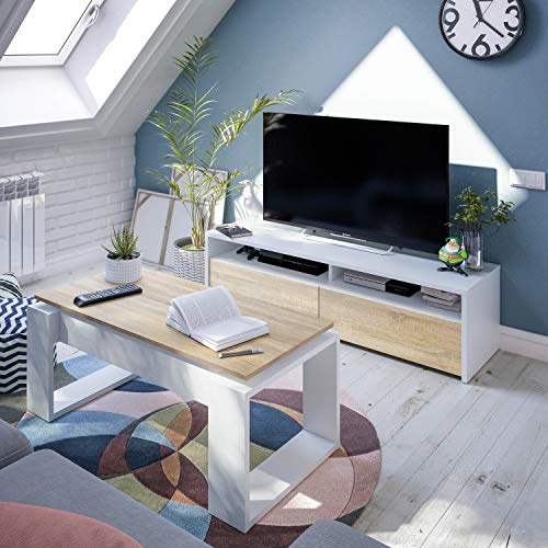 Mesa de Centro Elevable, Mesita de Salon, Comedor, Modelo Nova, Acabado en Blanco Artik y Roble Canadian, Medidas: 105 cm (Largo) x 55 cm (Ancho) x 45-54 cm (Alto)