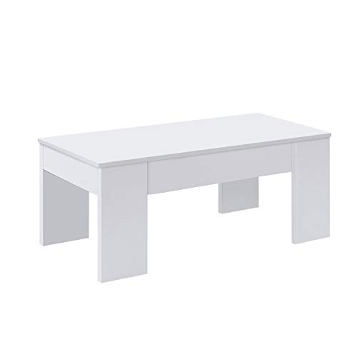 Mesa de Centro Elevable, Mesita de Salón o Comedor, Modelo LC, Acabado en Color Blanco Artik, Medidas: 100 cm (Ancho) x 50 cm (Fondo) x 45-56 cm (Alto)