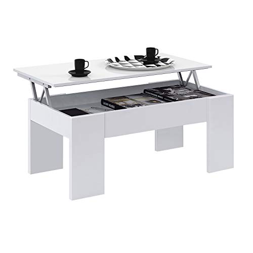 Mesa de Centro Elevable, Mesita de Salón o Comedor, Modelo LC, Acabado en Color Blanco Artik, Medidas: 100 cm (Ancho) x 50 cm (Fondo) x 45-56 cm (Alto)
