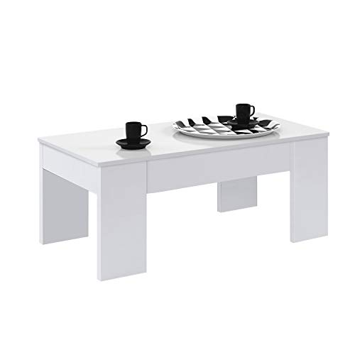 Mesa de Centro Elevable, Mesita de Salón o Comedor, Modelo LC, Acabado en Color Blanco Artik, Medidas: 100 cm (Ancho) x 50 cm (Fondo) x 45-56 cm (Alto)