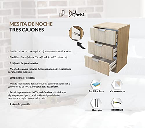 Mesita de Noche para Dormitorio 1, 2 o 3 cajones mesitas mesilla sinfonier sifonier 6 cajones Cama habitacion (Cambrian 3 cajones guía metálica, 1 Unidad)