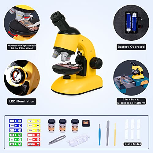 Microscopio para Niños Kit de Juguete Microscopio Infantil con Ampliación 100 x 400 x 1200 x y Iluminación LED, Juguete Educativo para Niños Principiantes Niños Estudiantes 8 Años en Adelante