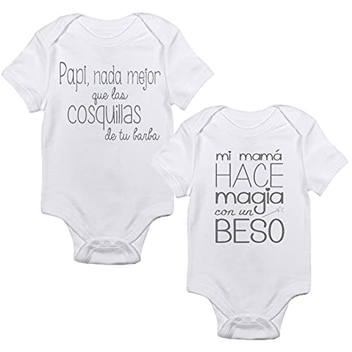 MIMUSELINA Pack Bodies 100% ALGODÓN para bebés. Body bebé original estampado con frases: bodie mamá, body papá, body abuelos. Máxima calidad. (Beso-cosquillas, 6m Manga Corta)