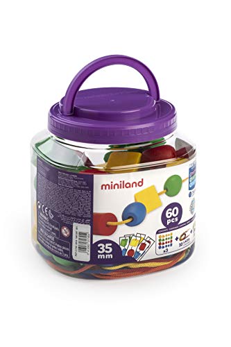 Miniland Educational 154216 - Bote con bolas ensartables 35 mm, 60 piezas