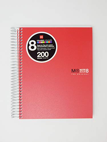 Miquelrius 42003 - Cuaderno A5, 200 hojas (franjas de 8 colores), cuadrícula 5 mm, tapa de polipropileno, color rojo