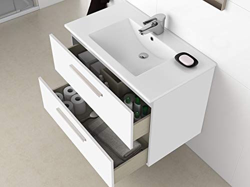 Miroytengo Mueble baño Aseo suspendido con Espejo Blanco Brillo 2 cajones con Cierre Progresivo y Tiradores Modernos para Lavabo 80x45x57 cm NO Incluye LAVAMANOS
