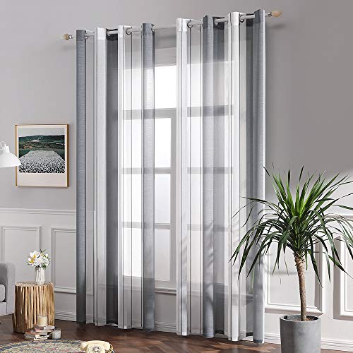 MIULEE Cortinas Translucida de Moderno Ventana Visillos Rayas Salon Paneles con Ojales para Sala Cuarto Comedor Salon Cocina Habitación 140 x 175 cm, 2 Unidades Blanco+Gris
