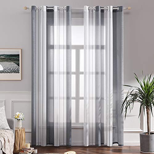MIULEE Cortinas Translucida de Moderno Ventana Visillos Rayas Salon Paneles con Ojales para Sala Cuarto Comedor Salon Cocina Habitación 140 x 175 cm, 2 Unidades Blanco+Gris
